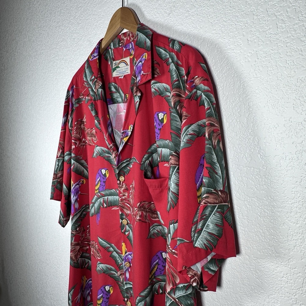 Paradise Found Magnum PI Red Parrot Hawaiian Shirt Men's Jungle Bird Rayon XL